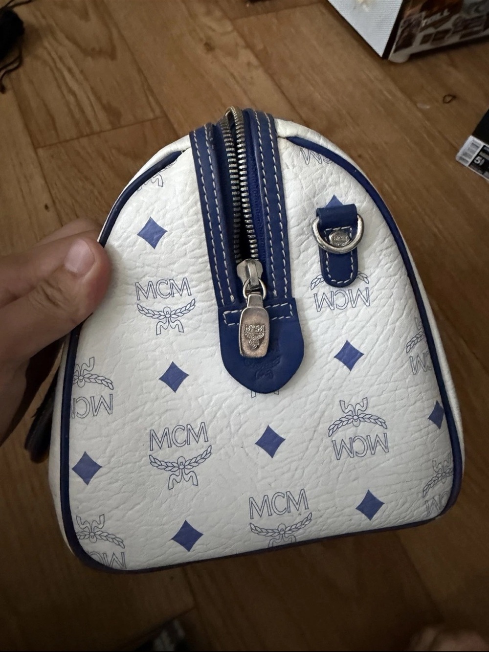 MCM White & Blue Logo Leather Satchel with Charm - Picture 4 of 7